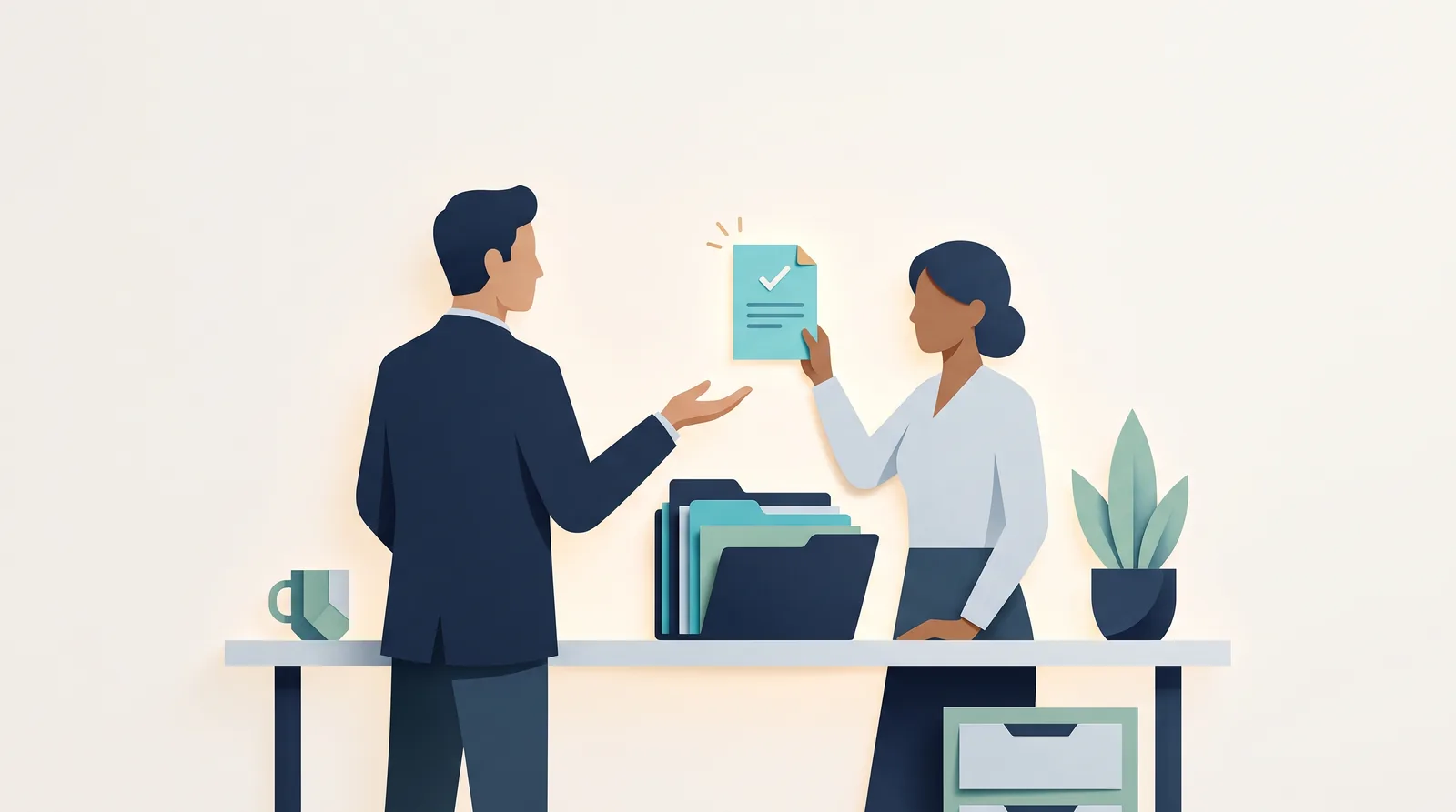 Colleagues discuss a checked client document beside organized CRM folders, illustrating the account context used in MCP prompts.