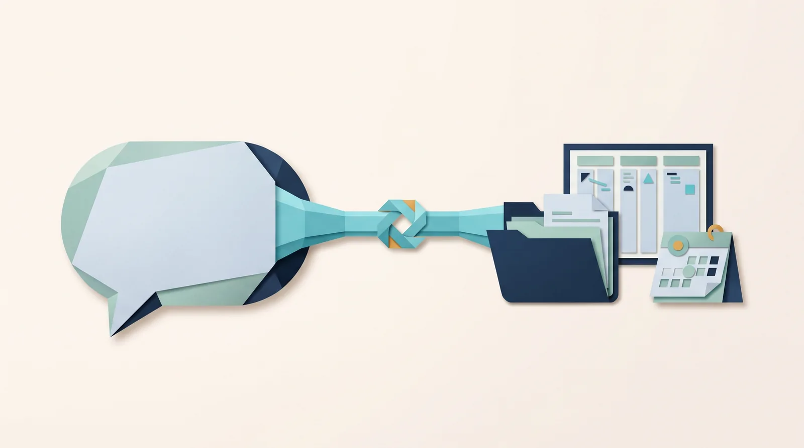 An AI conversation connects through a teal MCP bridge to CRM client records, a task board, and a calendar.