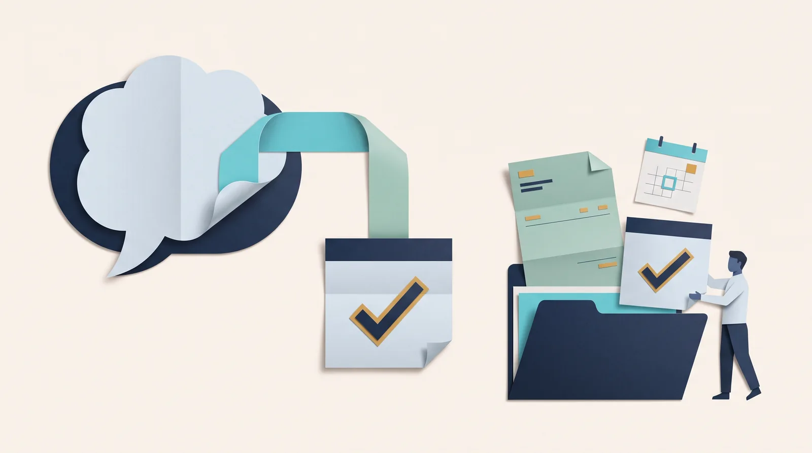 A CRM conversation becomes a checked task as a person organizes client documents beside a calendar.
