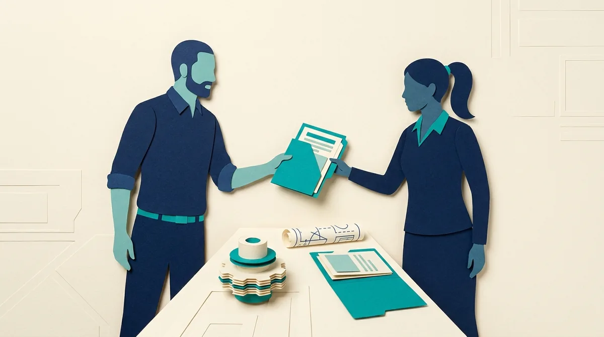 Two paper figures exchange a job folder across a table of component samples.