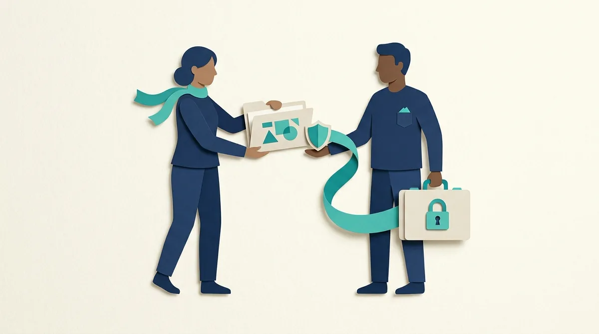 Paper figures review a security scope document while keeping an evidence case separate.