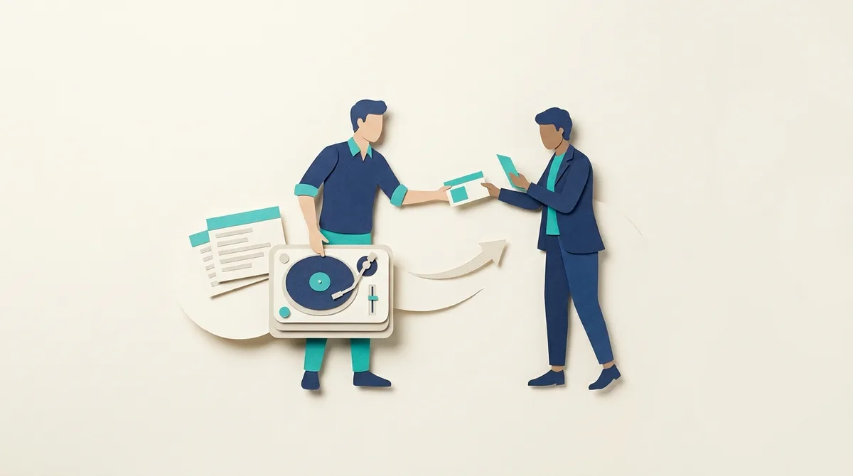 Two paper figures exchange an event brief beside a turntable.