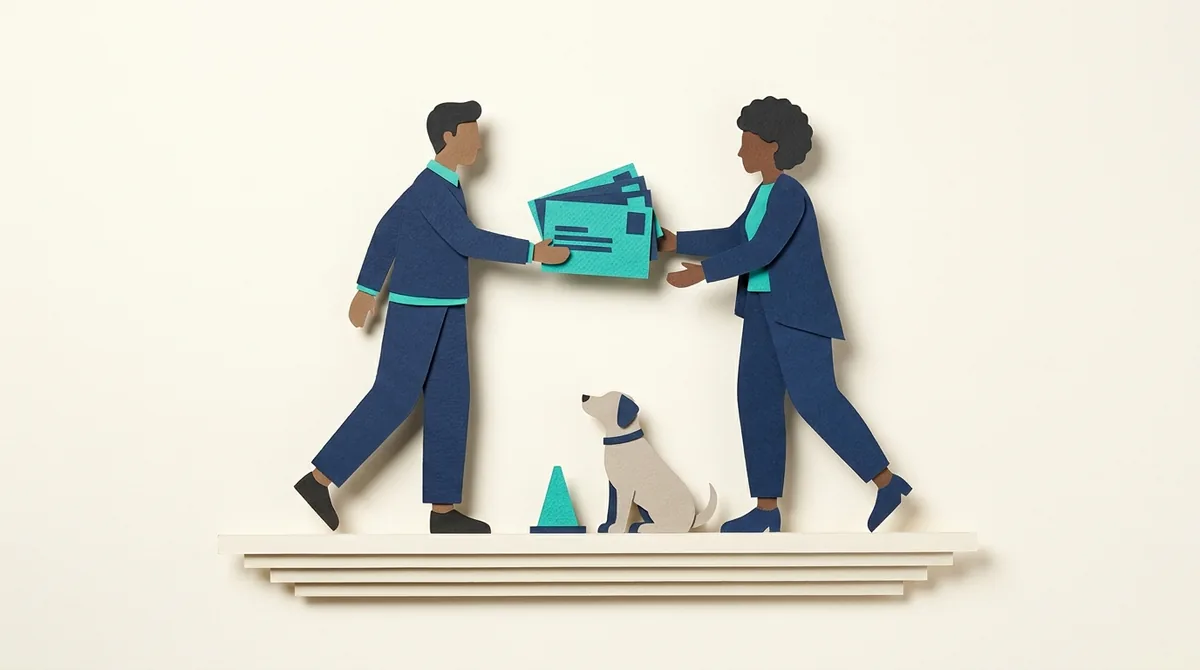 Two paper figures exchange a training folder beside a dog and cone.