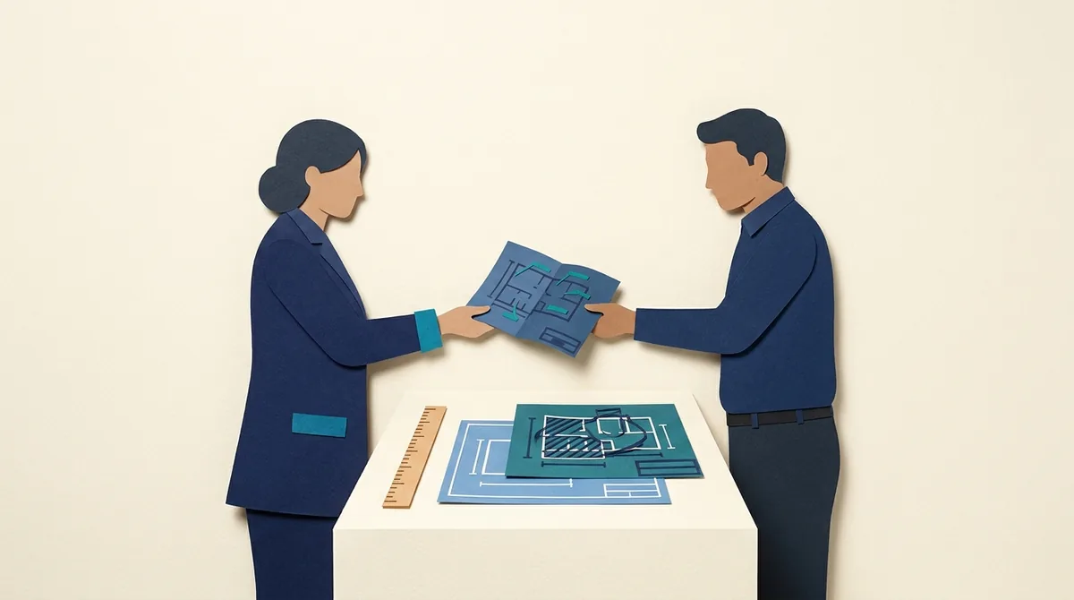 Two paper figures exchange a drawing across a drafting table.