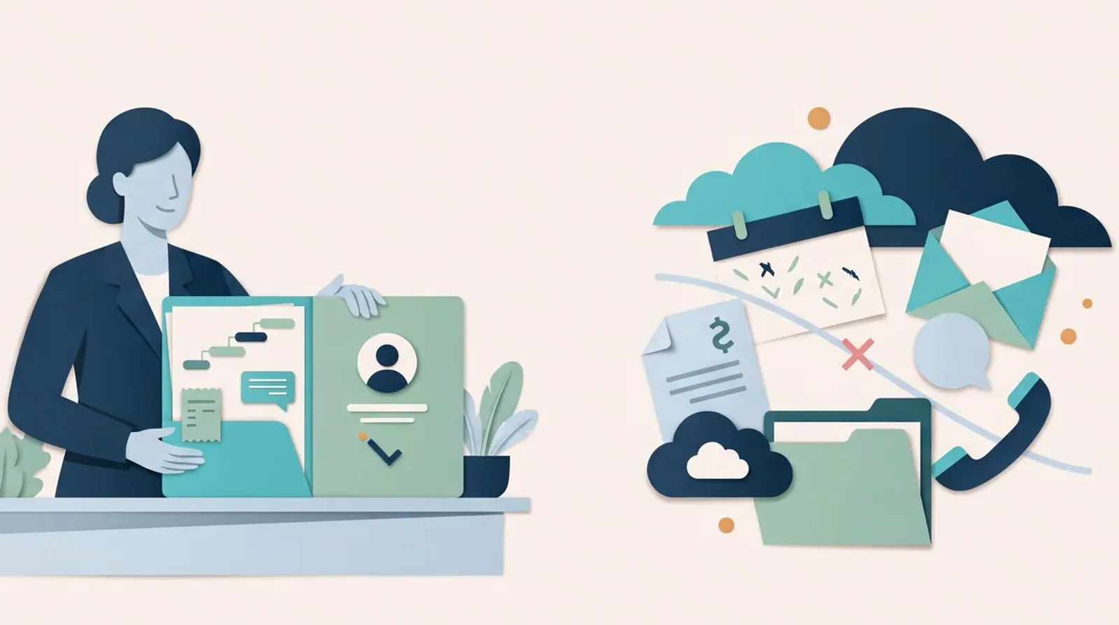 A professional hands a client document to a colleague beside folders, a calendar and a message window during a migration.
