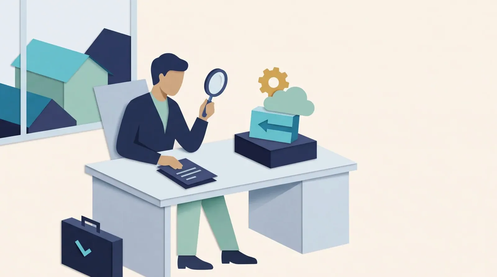 A consultant reviews client project files with a magnifying glass beside a laptop and a case of documents.