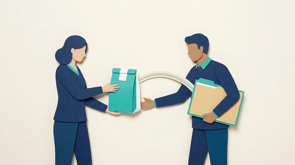 Paper figures exchange a wholesale proposal beside a retail parcel and client folder.