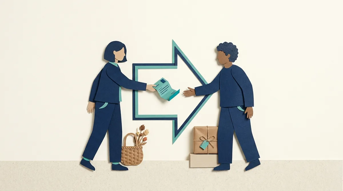 Two paper figures exchange an order card beside handmade goods and parcels.