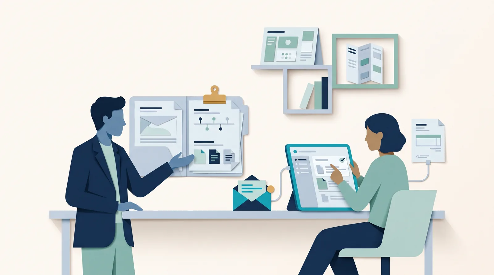 An event planner and client coordinate documents, schedules, and messages across a shared planning desk.