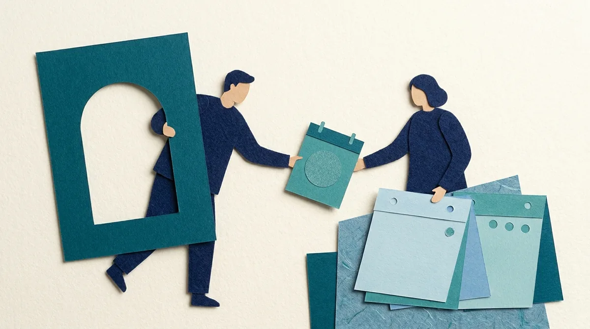 Two paper figures exchange a venue folder beside calendars and an arch.