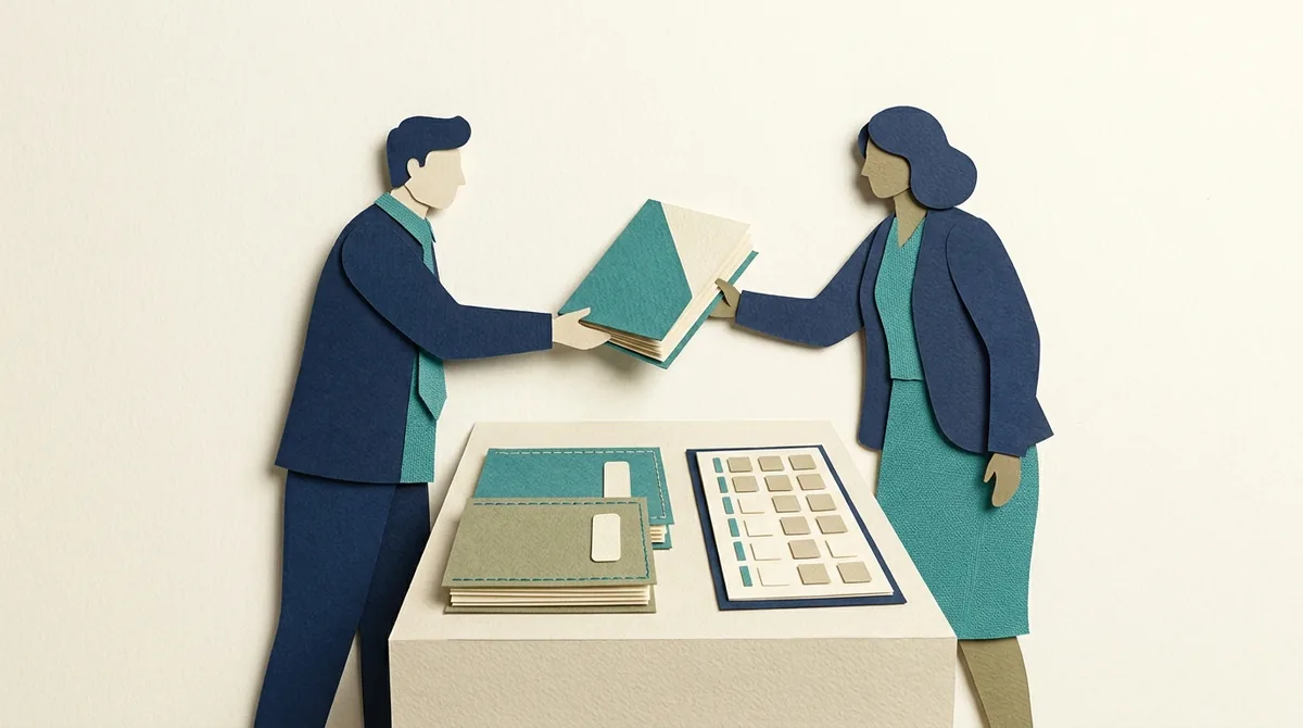 Paper figures exchange a coaching folder beside a calendar and a separate sponsor record.