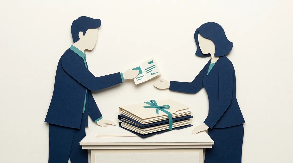 Paper figures exchange an introductory meeting record beside a tied portfolio archive.