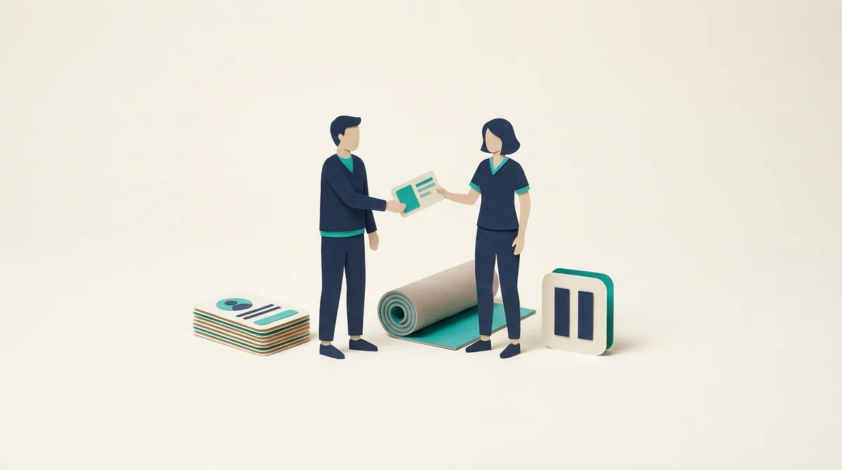 Two paper figures coordinate a session change beside a rolled exercise mat and pause marker.