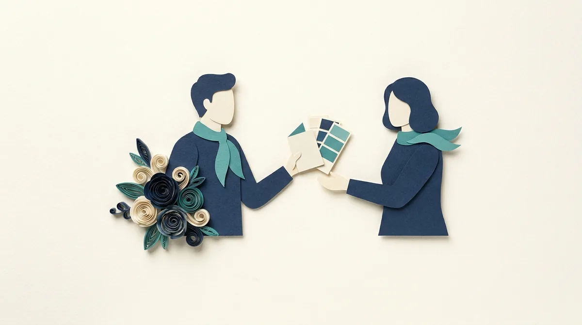 Two paper figures exchange a floral order card beside an arrangement.