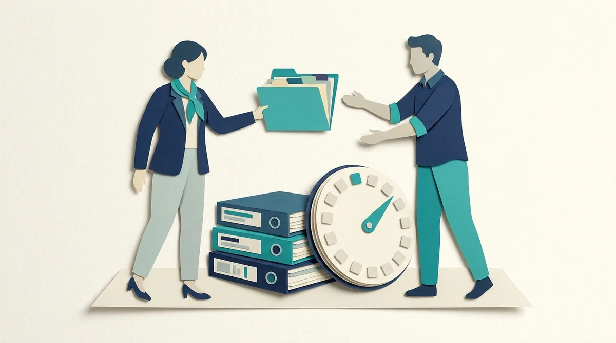 Paper figures exchange client folders beside separate organizational records and a clock.
