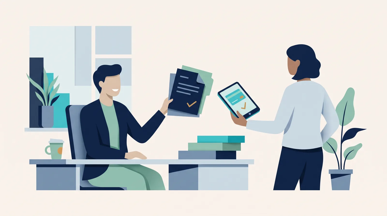 A freelancer and client review a checked invoice document and payment details before agreeing on billing terms.