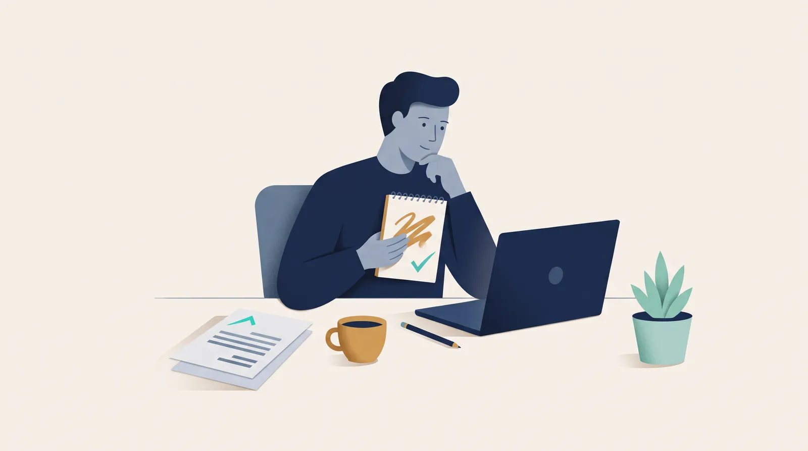 Un freelanceur sur un ordinateur portable examine un bloc-notes marqué d'une coche, à côté d'une proposition client imprimée et d'une tasse de café.