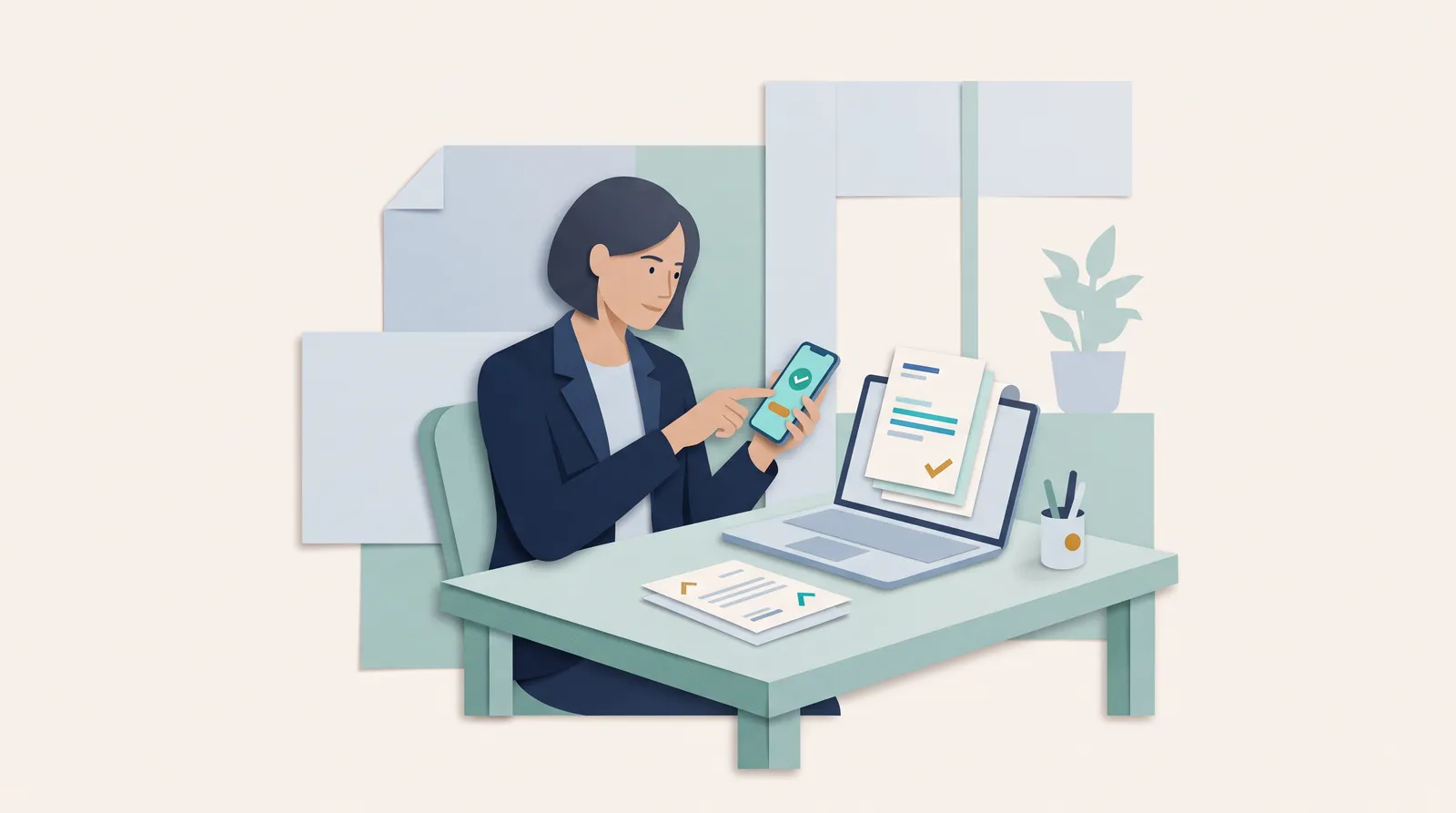 Seorang juruweb mengesahkan bayaran klien pada telefon di sebelah komputer riba yang menunjukkan invois yang ditandakan dengan tanda semak.