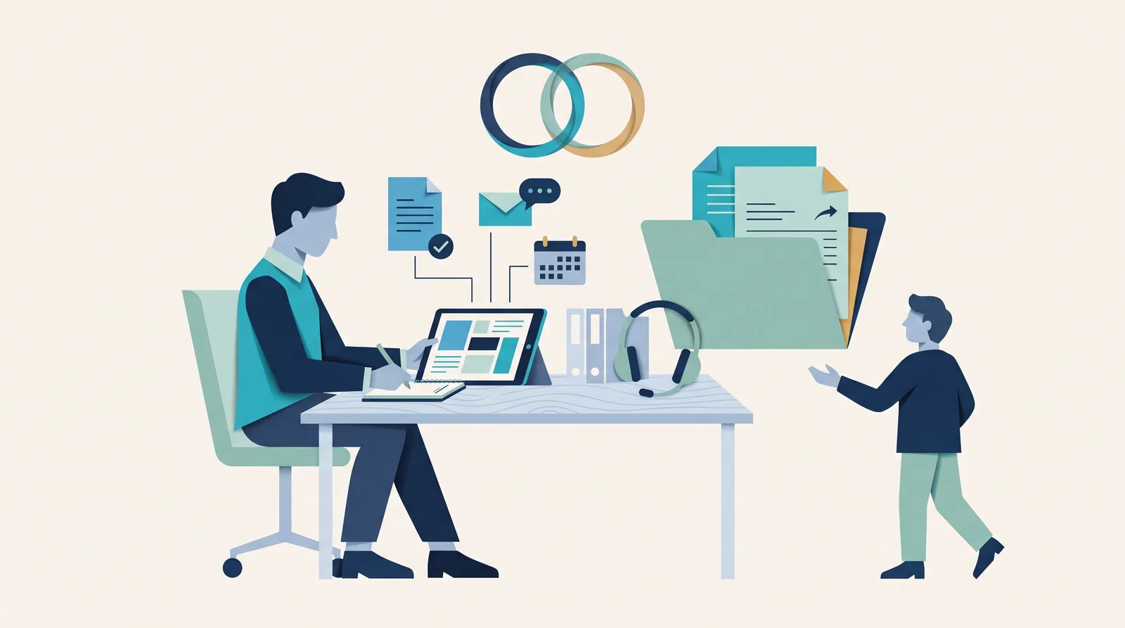 A service-business professional connects client documents, tasks, appointments, and communication within one organized workflow.