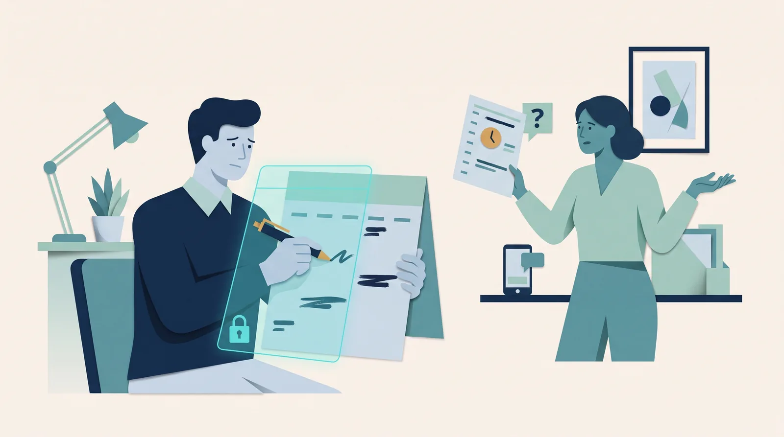 Colleagues compare a locked exported calendar with a changed appointment, illustrating the limits of one-way scheduling updates.