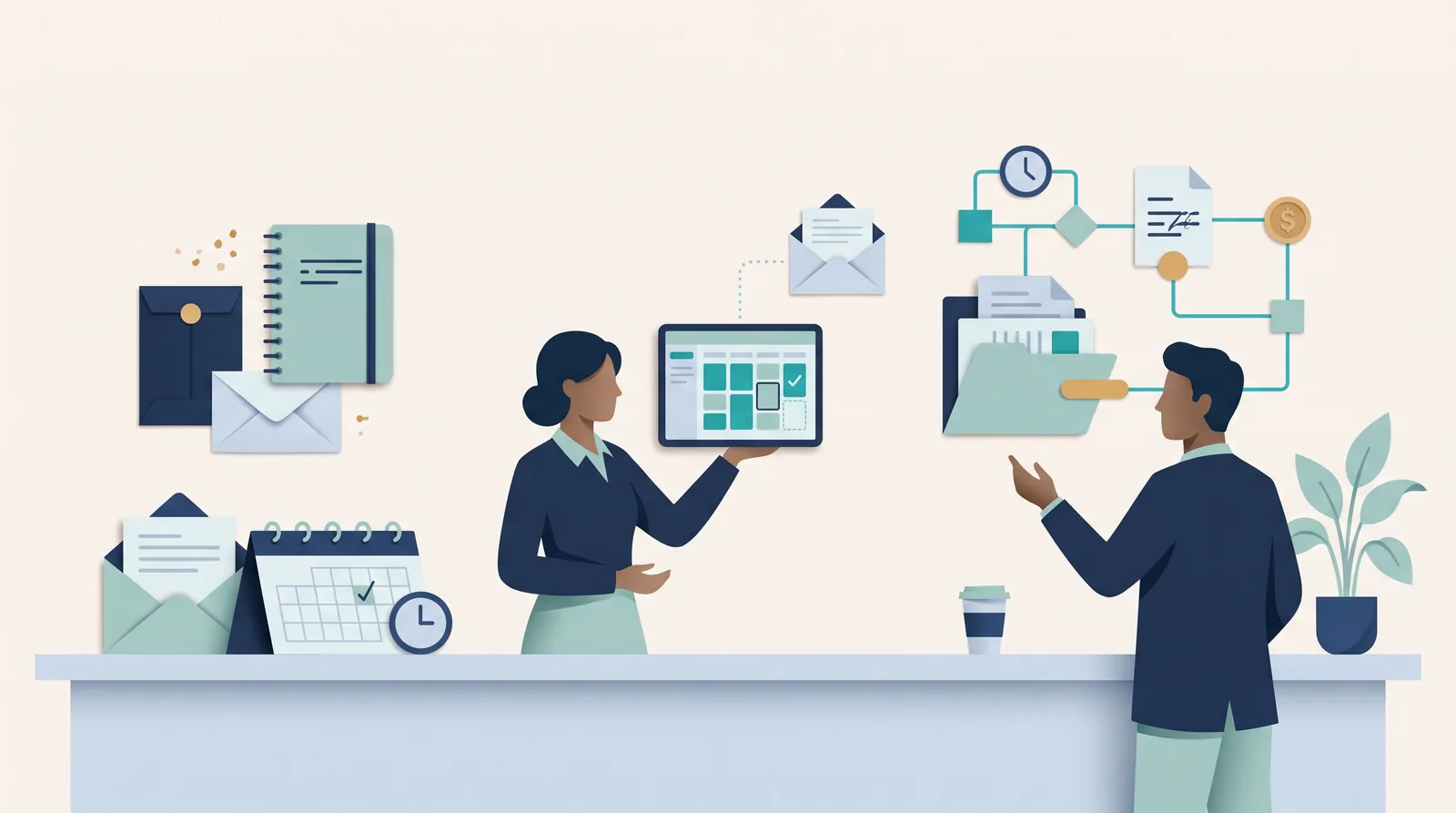 Colleagues coordinate client appointments through calendars, booking documents, messages, and connected work records.