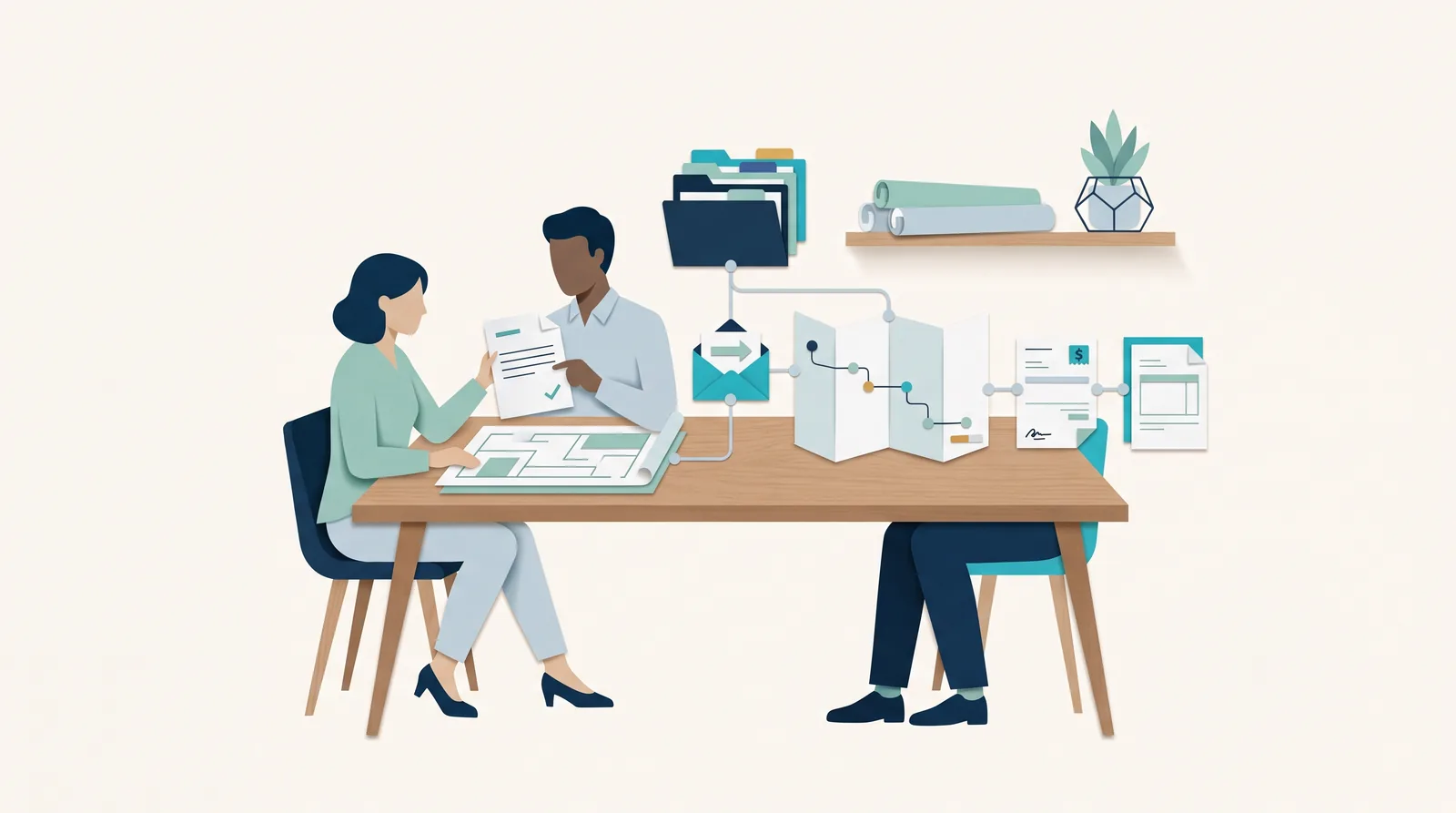 Colleagues organize CRM client documents, messages, and project steps into a connected paper workflow.