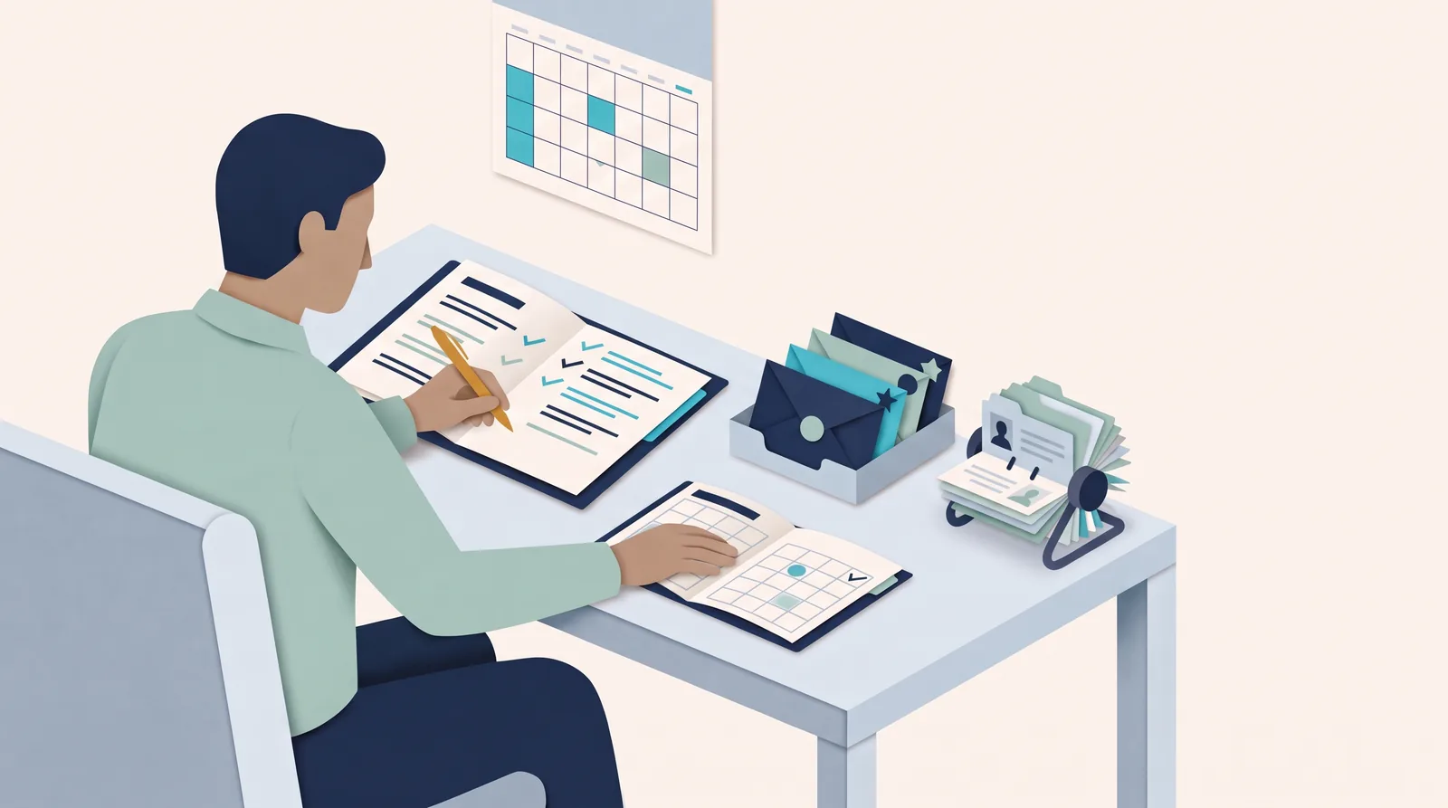 Un profesional organiza notas de clientes, carpetas y un calendario en un escritorio, ilustrando una configuración de CRM de Google Workspace basada en hojas de cálculo.
