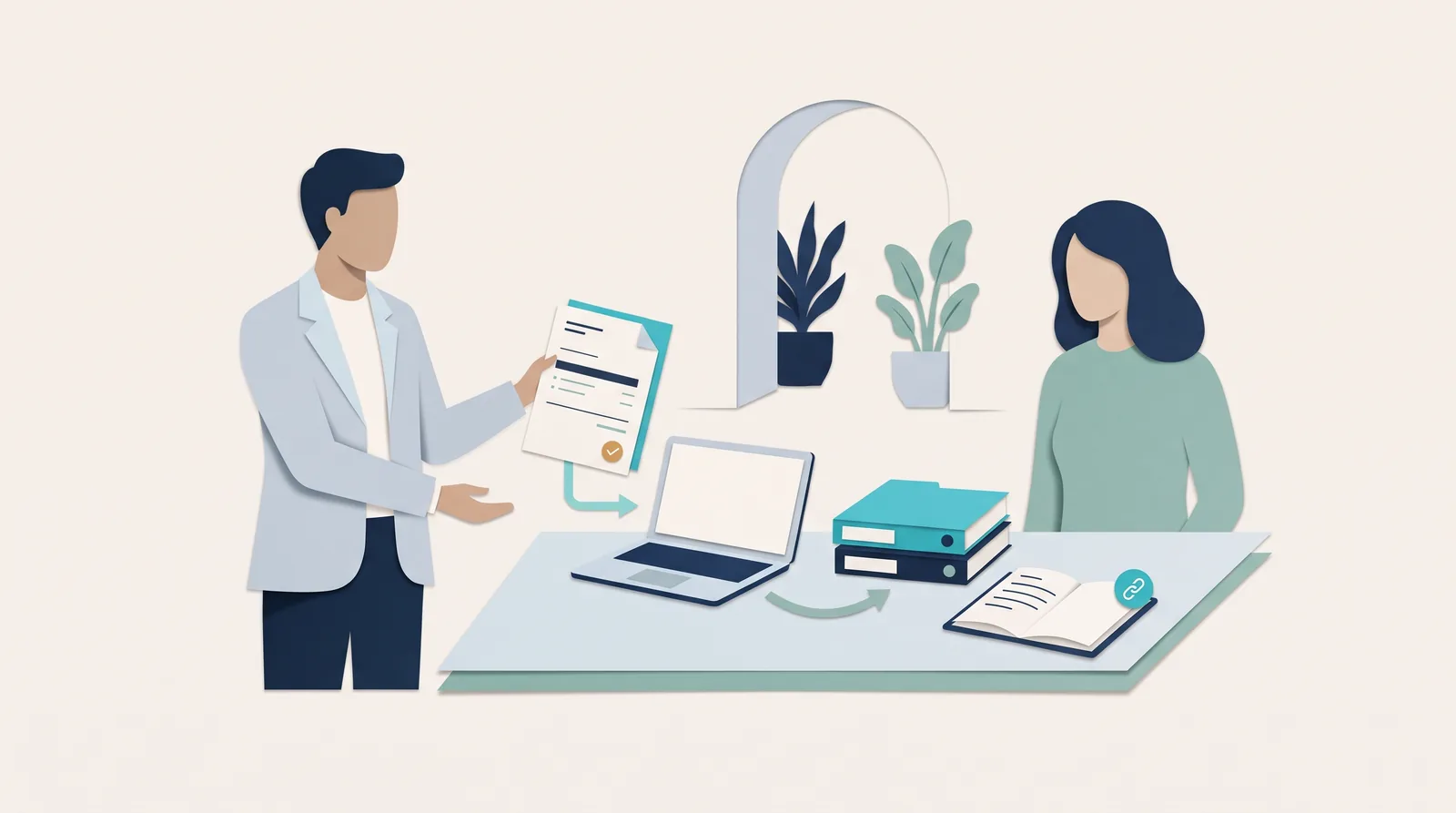 Colleagues connect an invoice document with client records, a laptop, and organized billing folders.