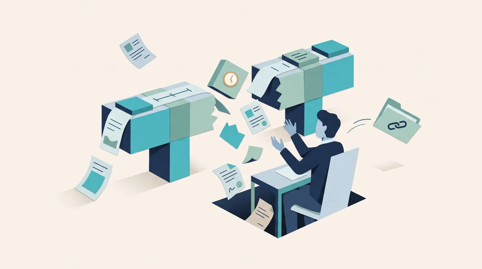 A professional handles scattered project documents between disconnected filing systems, illustrating gaps in a manual workflow.