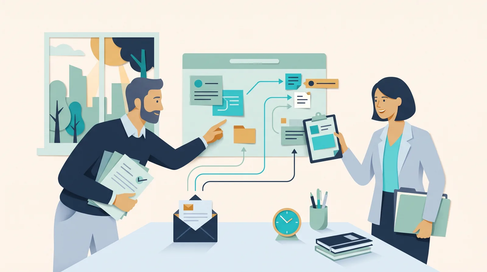 Colleagues coordinate incoming messages, client documents, assignment paths, and response timing in a shared inbox workflow.