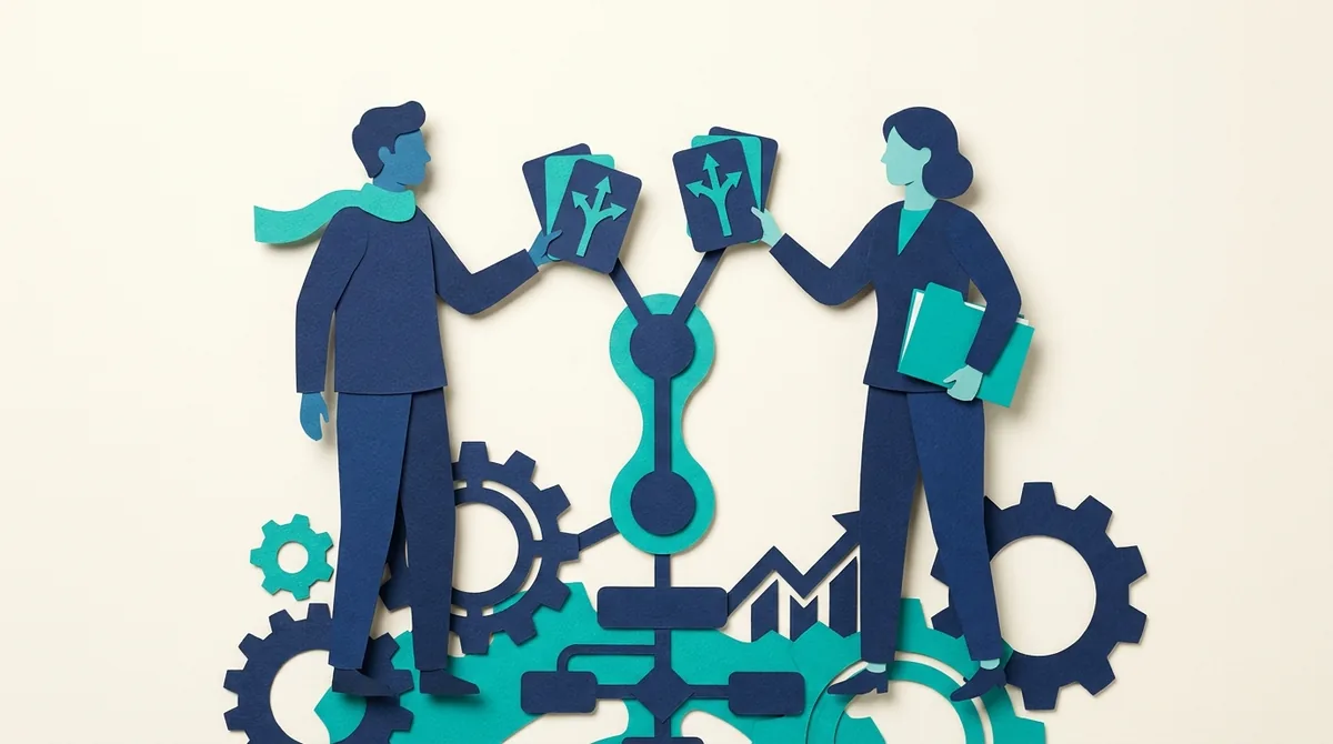 Paper figures exchange experiment cards above branching paths, gears and a progress chart.