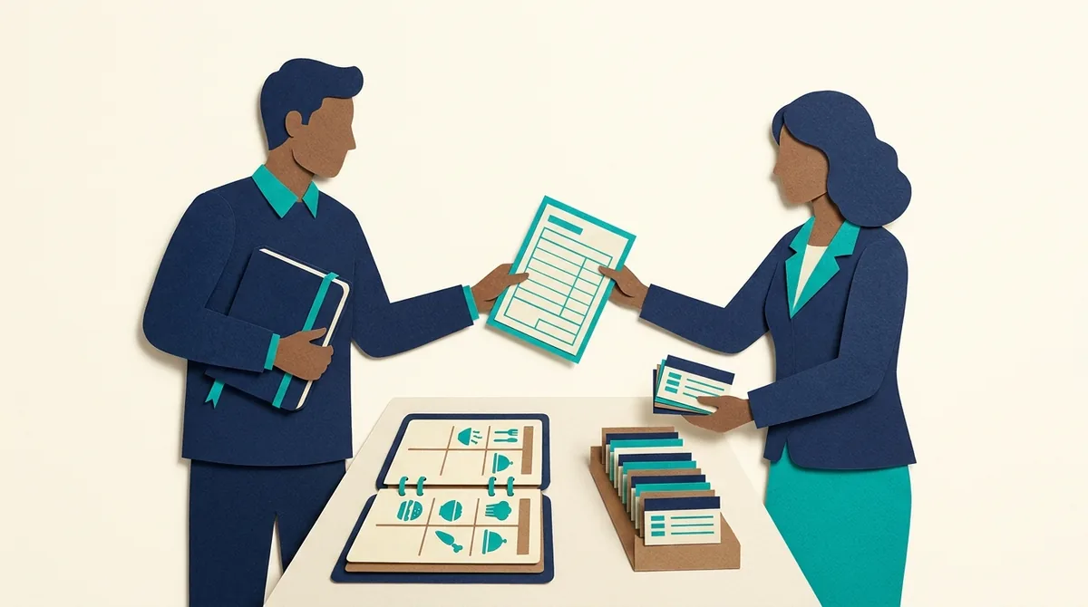 Paper figures compare an administrative appointment record beside a meal-planning notebook.