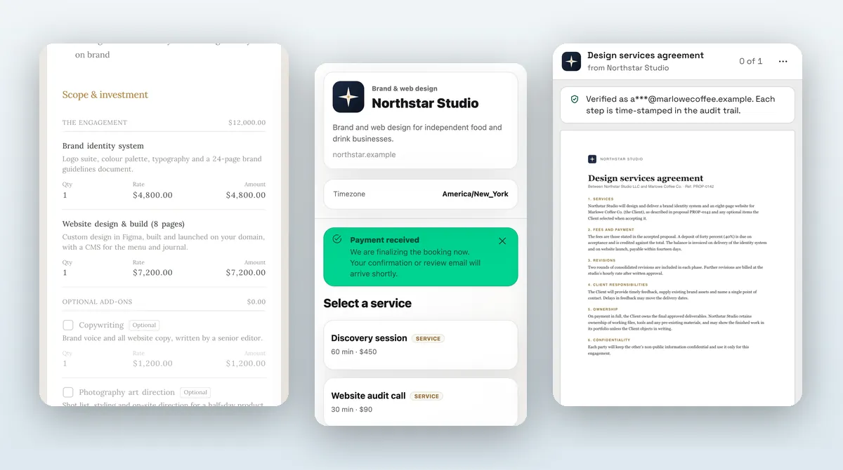 Proposal line items, a booking page with a Payment received notice, and the contract document, all in one studio's styling.