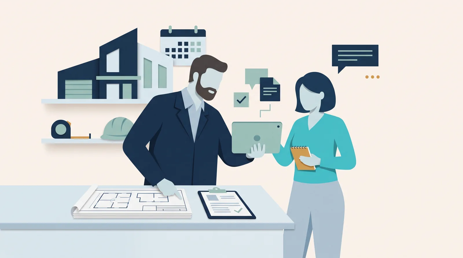 A home inspector and client review property plans and a checklist beside appointment and messaging reminders.