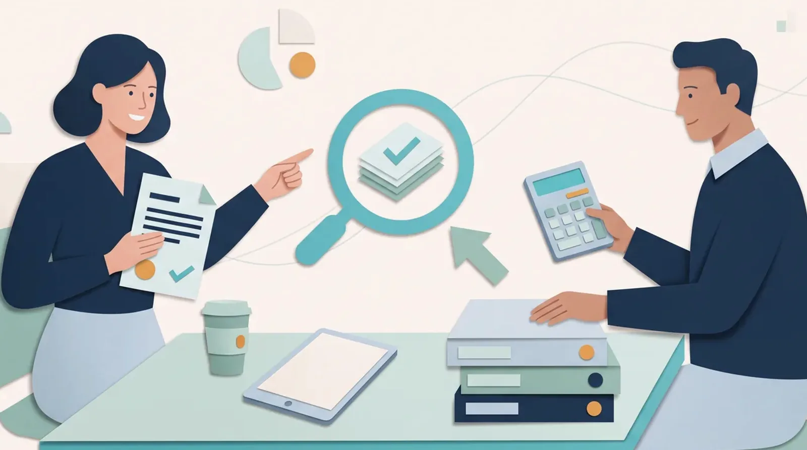 A stack of coins and a briefcase of client documents sit beside a colleague reviewing the monthly cost of client software.