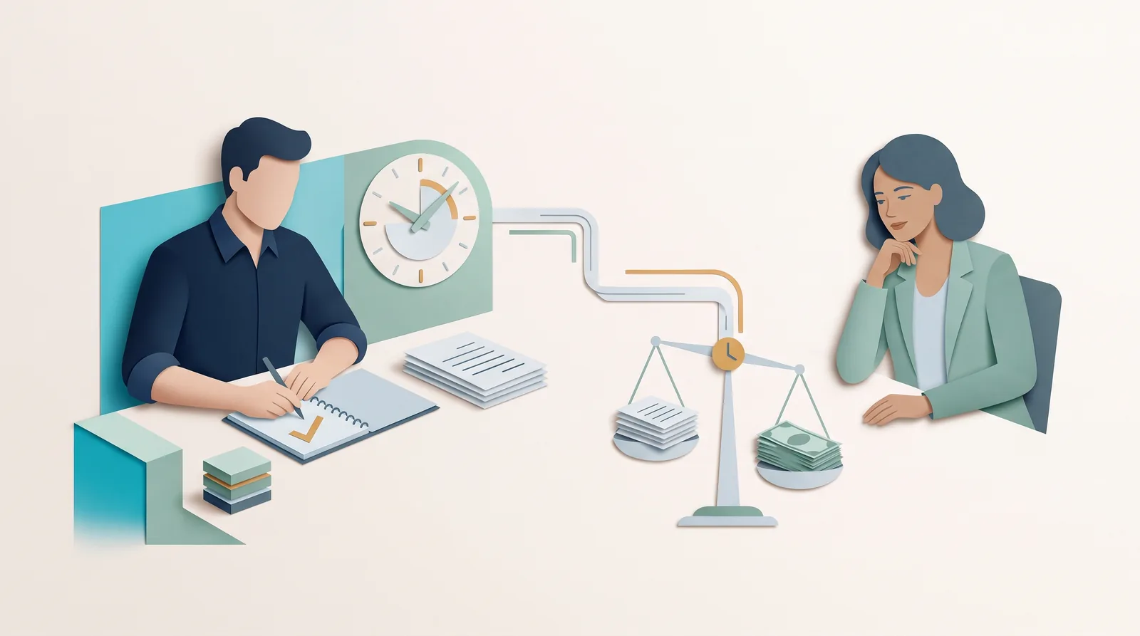 A consultant and client review time records beside a clock and a balance comparing work documents with payment.