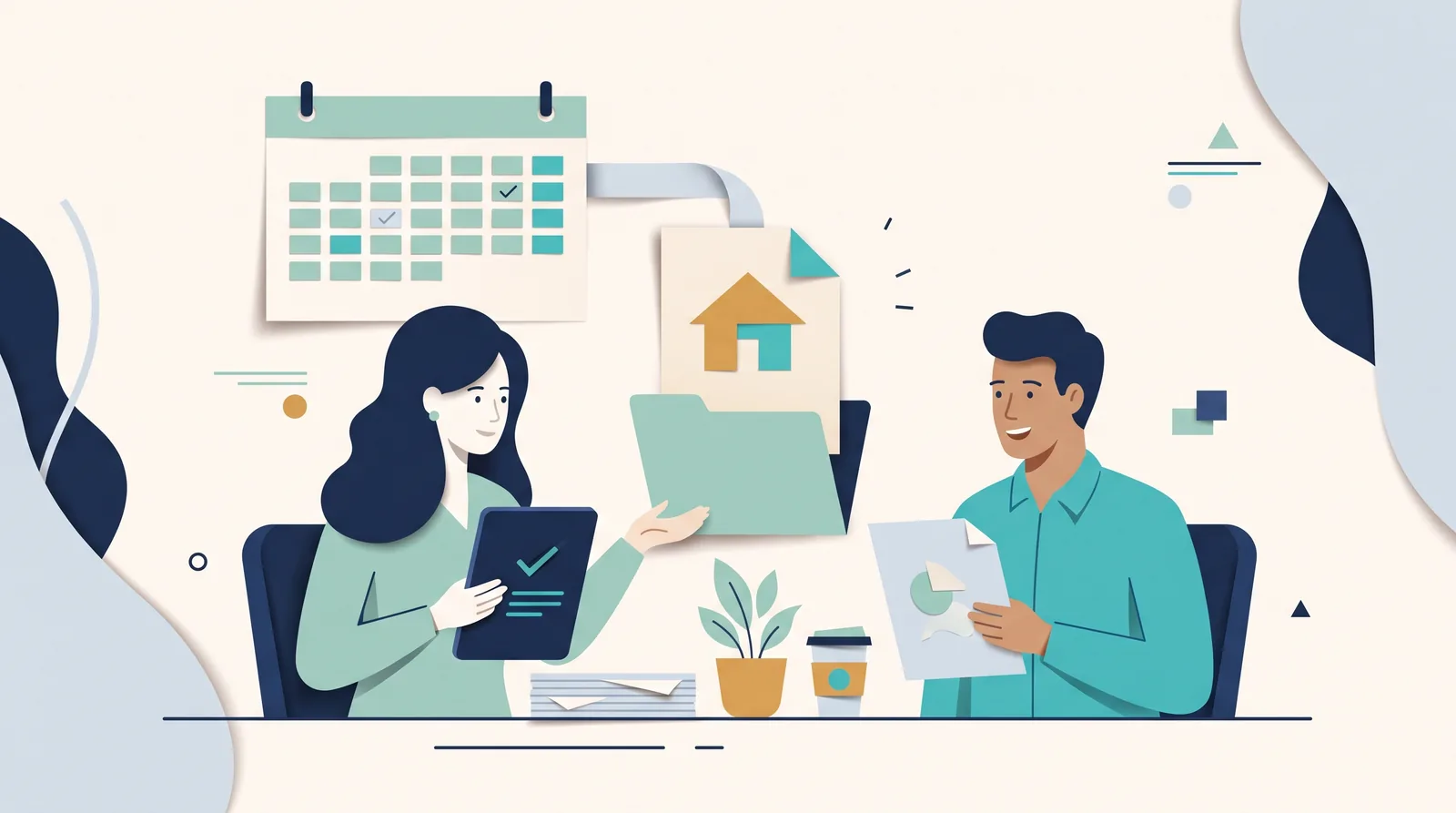 Cleaning-business colleagues review a client checklist and recurring calendar beside an organized house-service folder.