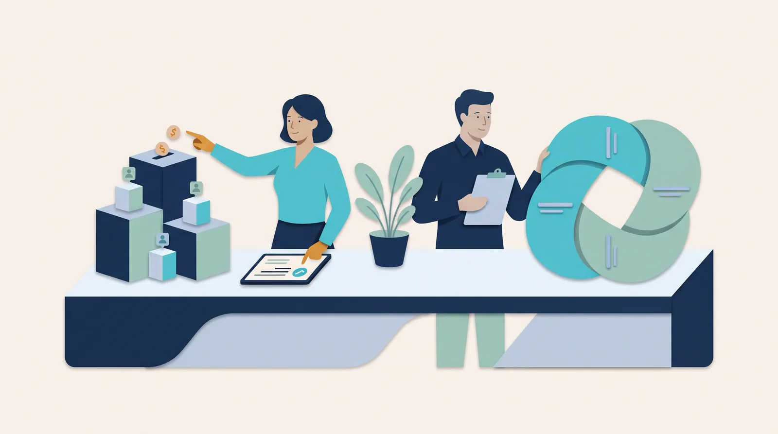 Cleaning-business colleagues compare a modular tool setup with an integrated workflow while reviewing costs and documents.