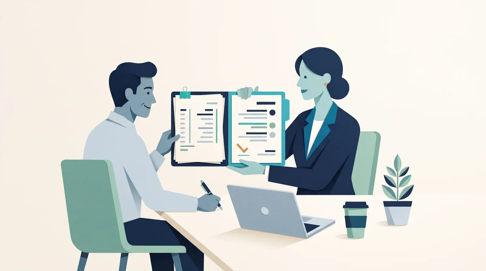 Two colleagues review a folder of reports at a desk with a laptop and a coffee cup.
