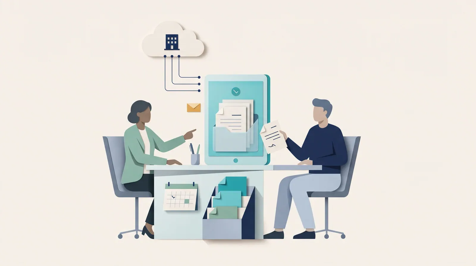 Two colleagues at a shared desk move documents from a tablet into a cloud folder, with a letter tray and calendar nearby.