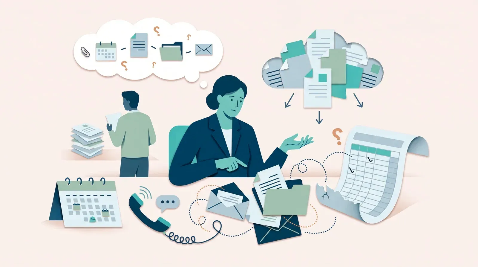 A person in a dark jacket sits at a desk, puzzled, between a cloud of documents, a calendar, a folder and a torn spreadsheet.