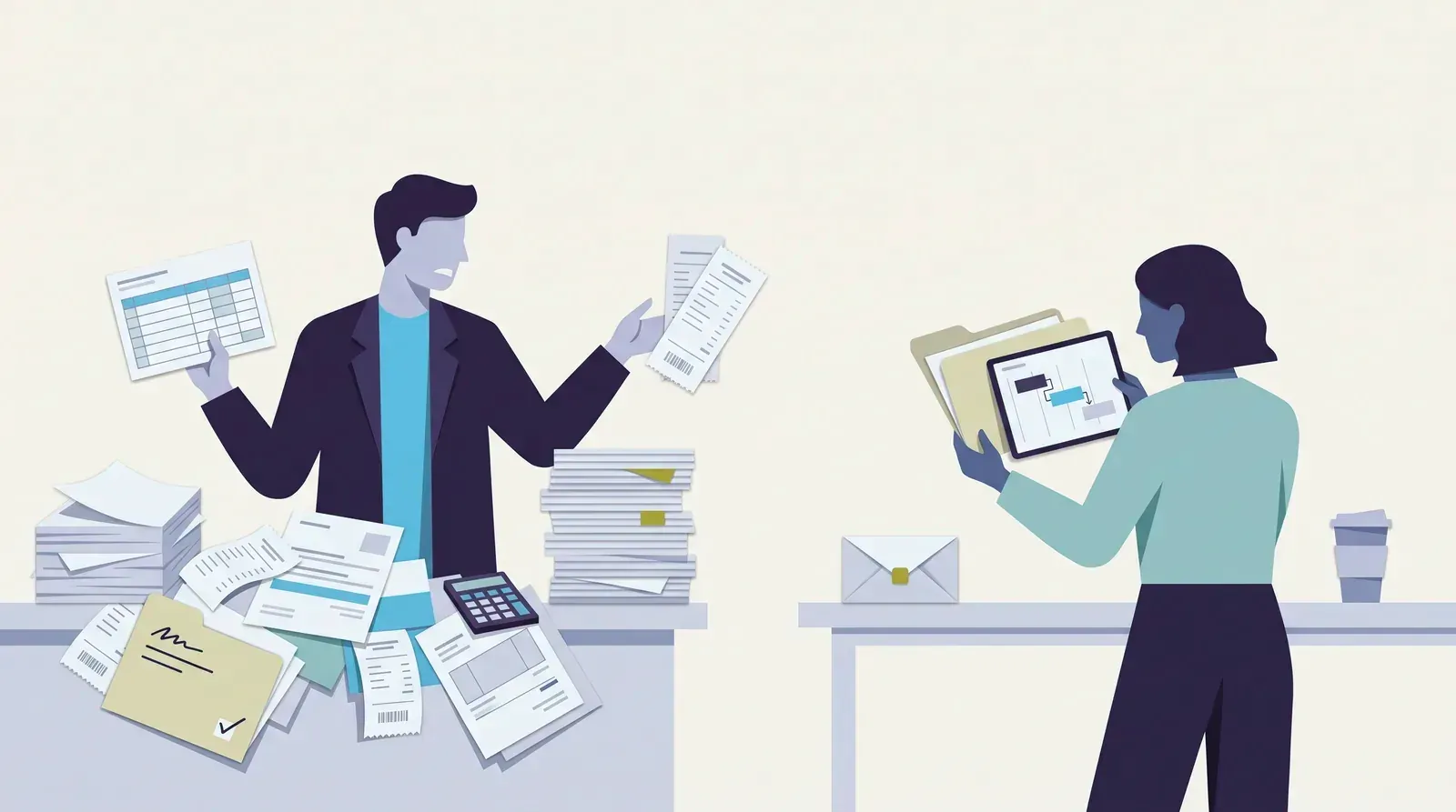 A person surrounded by stacks of receipts and a calculator holds up a spreadsheet while a colleague reads a project plan on a tablet.