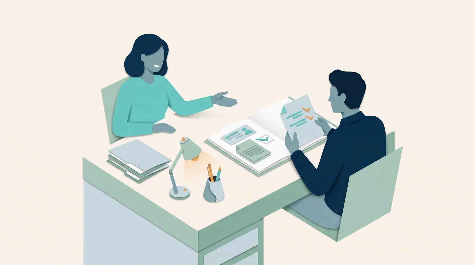 Two colleagues at a desk review a checklist document beside an open folder and a desk lamp.