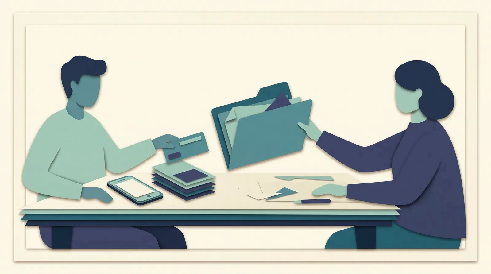 One person hands an open folder of documents across a table to a colleague who holds a card and a phone.