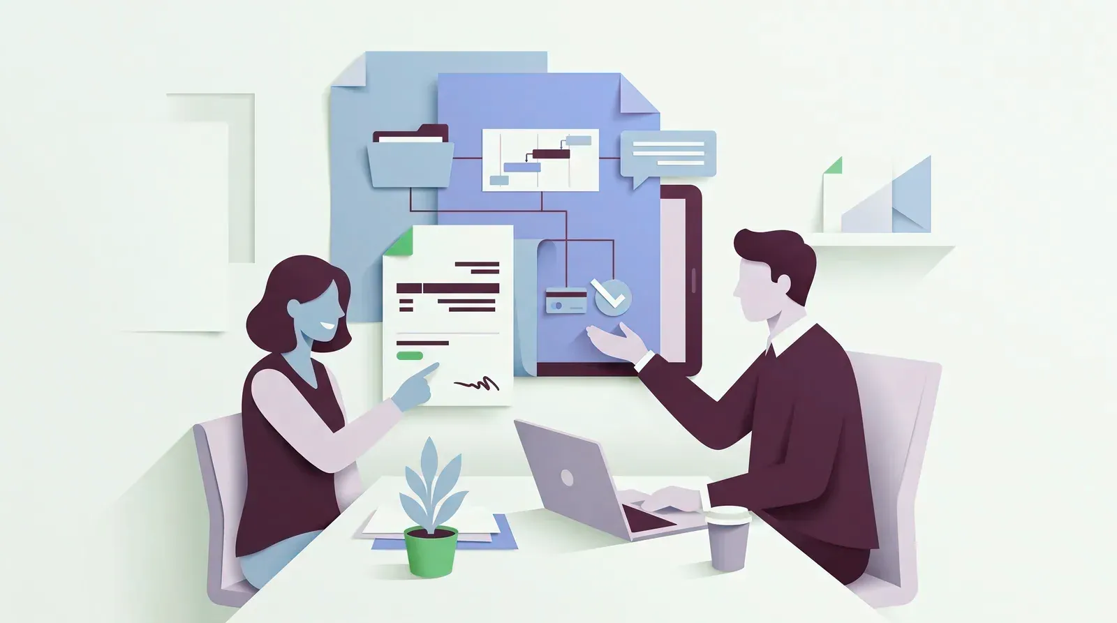 Two people talk across a desk in front of a folder, a project chart and a signed document, with a laptop and a plant.