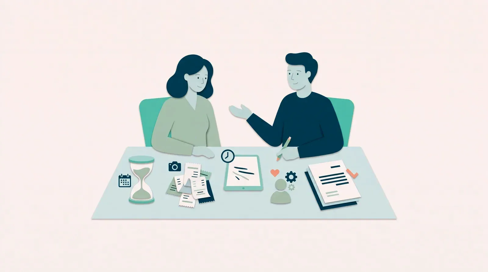 Two people at a table covered with an hourglass, a calendar, receipts, a tablet and a stack of documents.