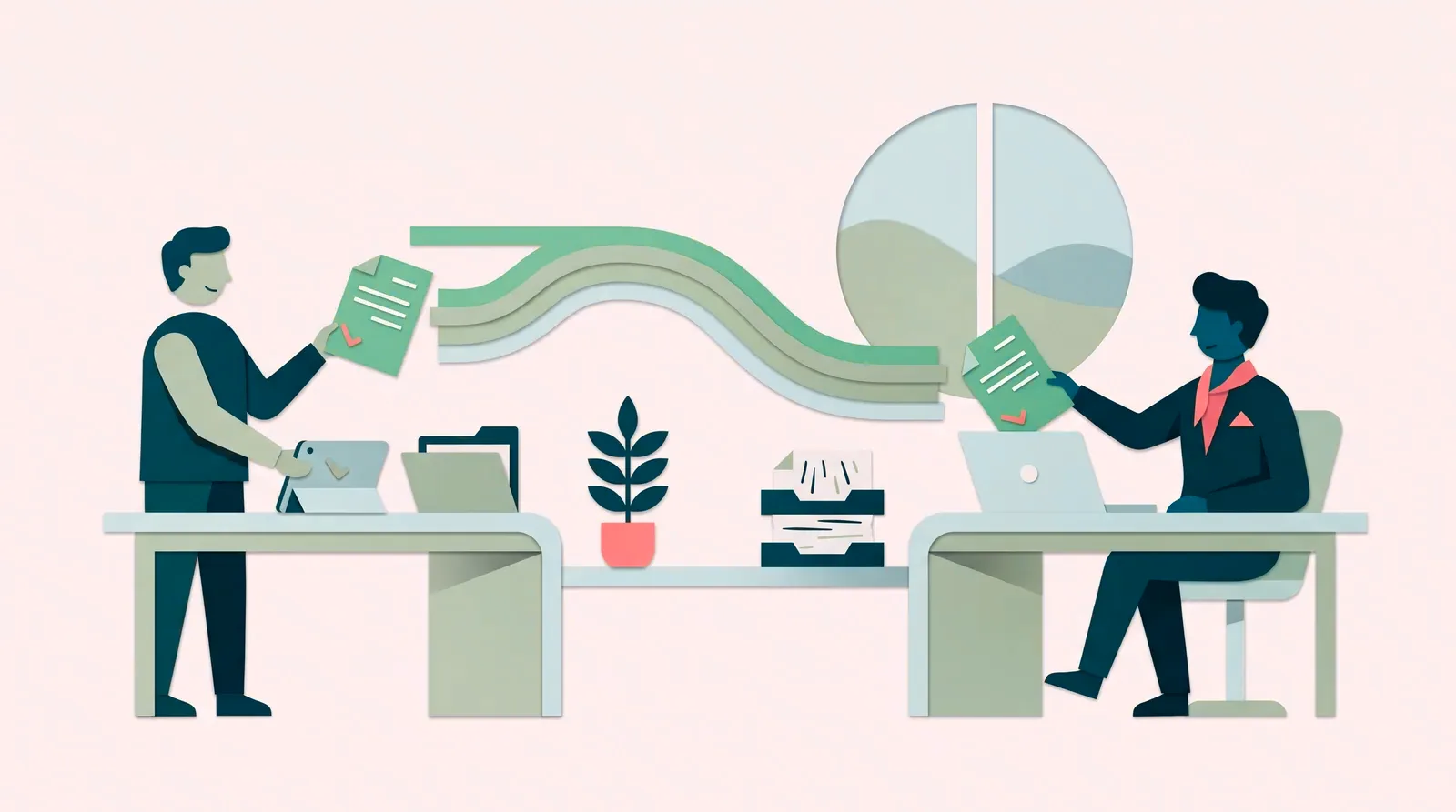 Two people at facing desks pass green documents to each other across a wavy ribbon of paper, a plant between them.