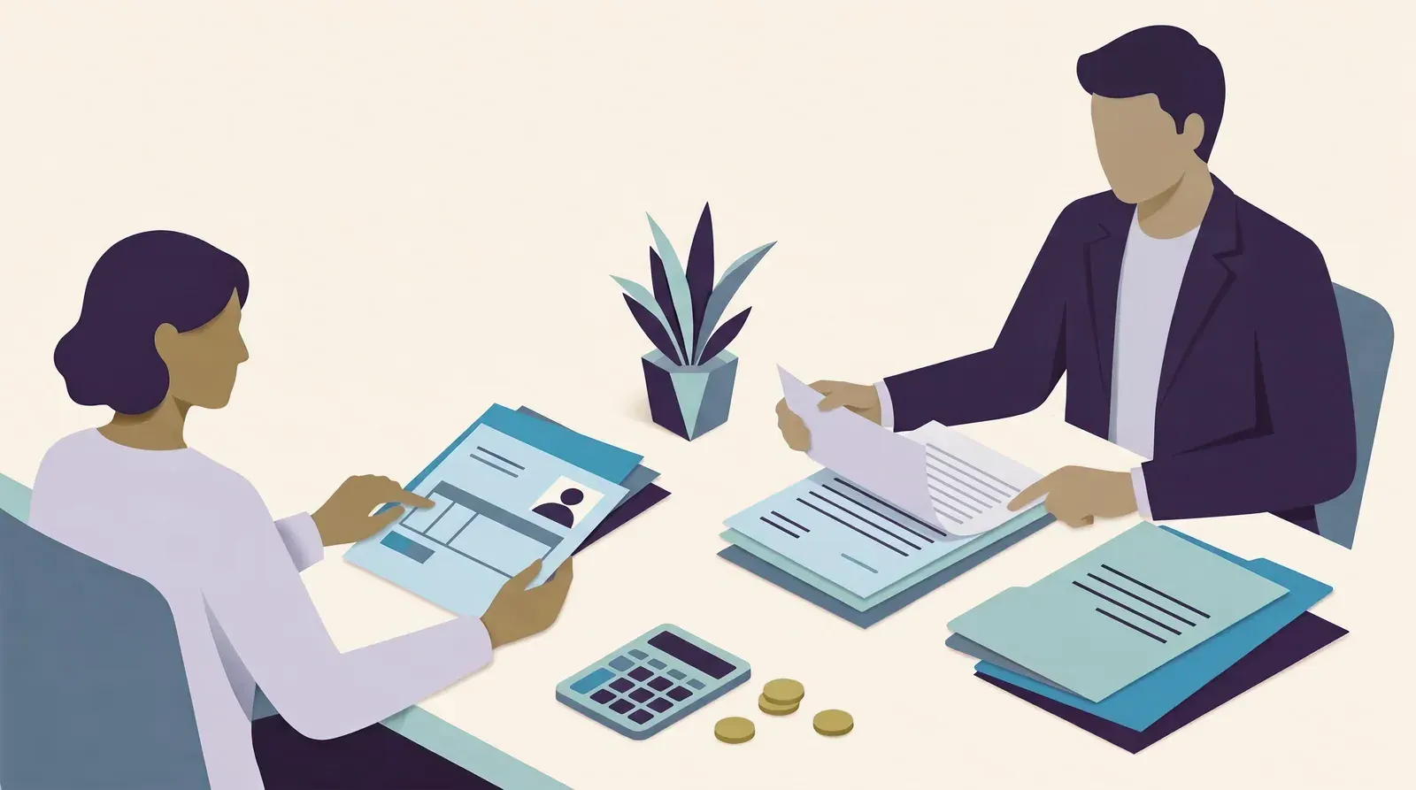 Two people at a desk sort client records, one with a tablet showing a contact card, beside a calculator and coins.