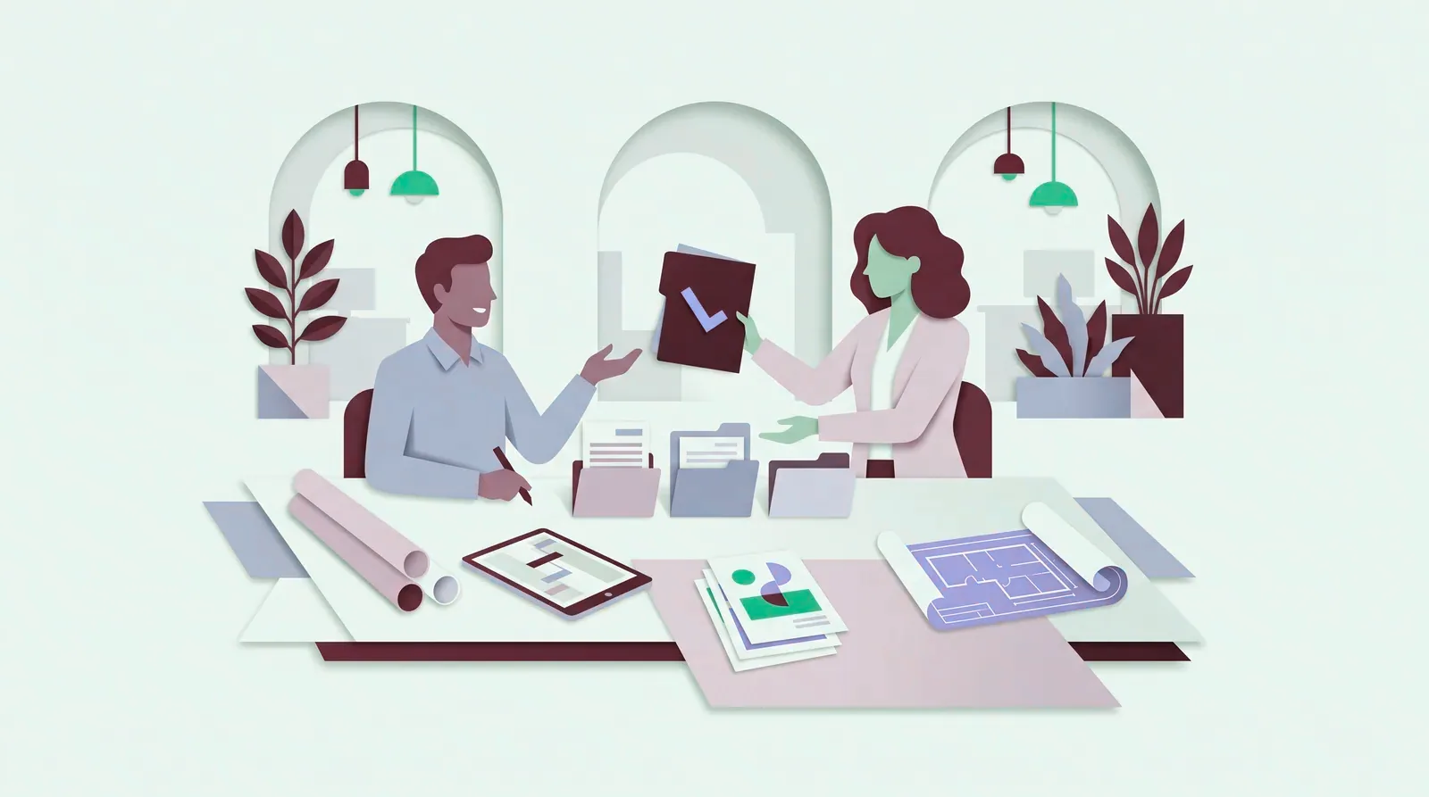 A smiling person at a desk hands a dark folder with a check mark to a colleague, with file folders, a tablet and rolled plans on the table.