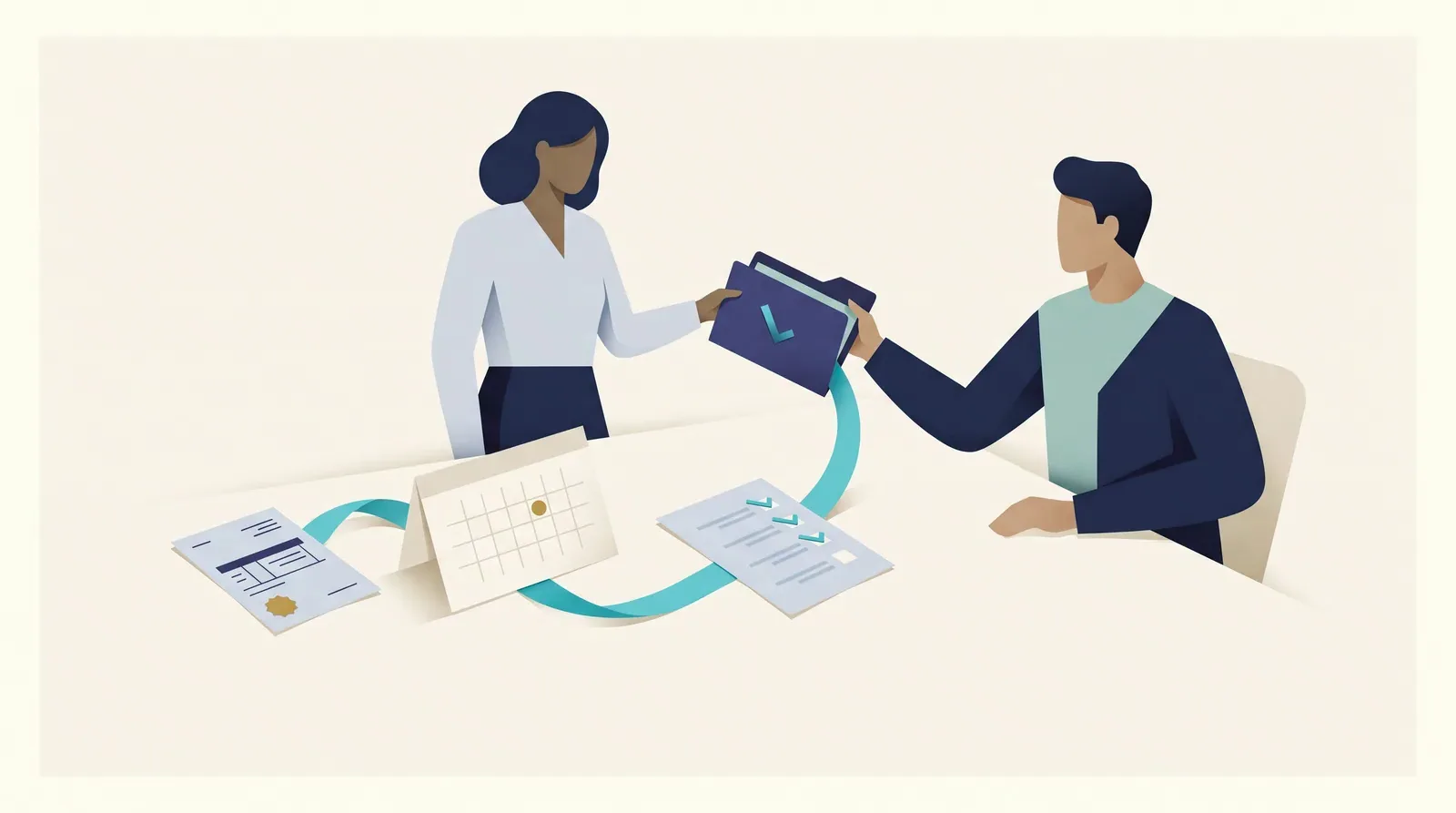 Two colleagues pass a document folder across a table, linked by a ribbon to a checklist, a calendar and an invoice.